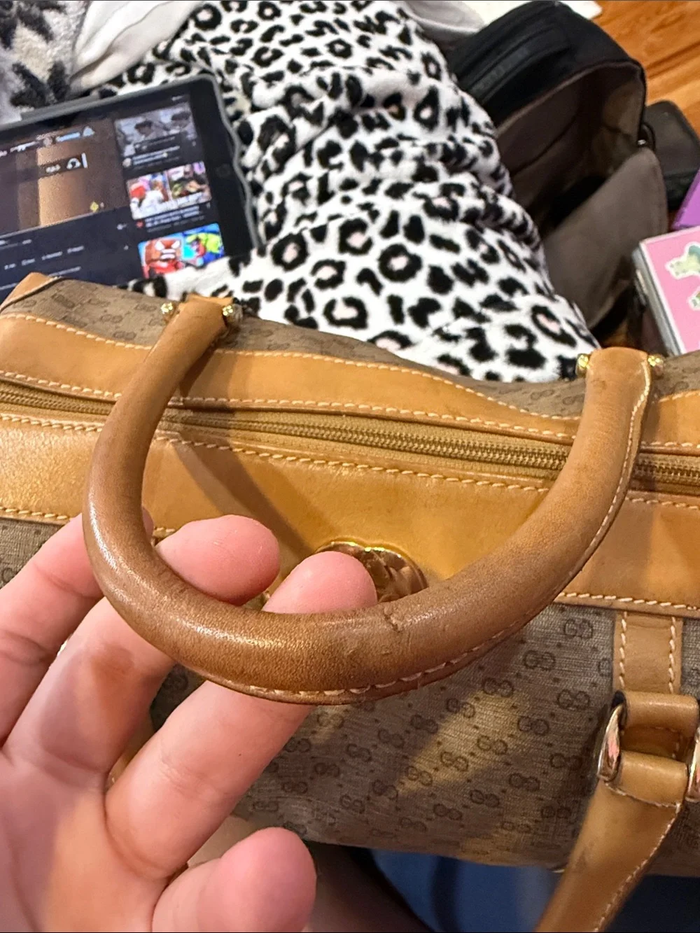 Authentic vintage Gucci Brown and Tan GG Canvas Satchel with Gold Hardware